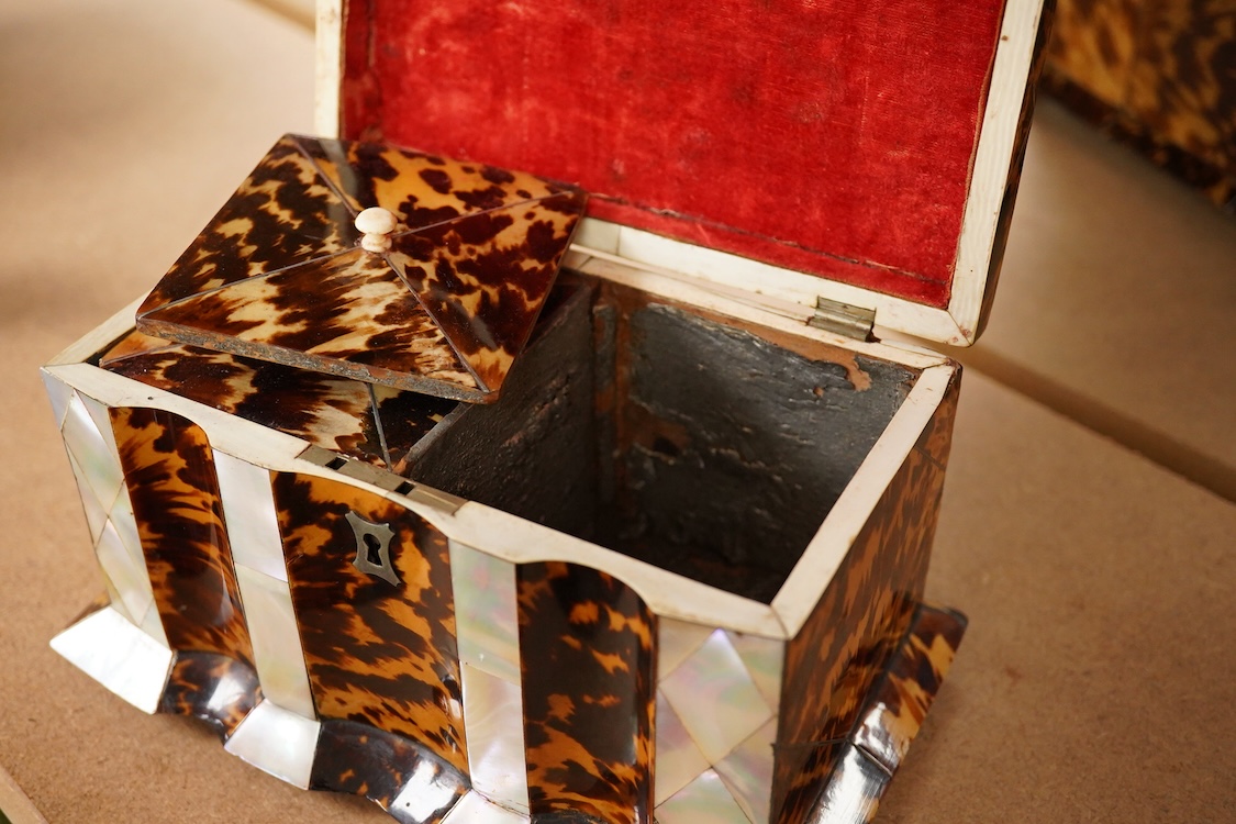 A mid 19th century decorative tortoiseshell and mother of pearl tea caddy, 20cm wide x 12.5cm high CITES Submission reference CXXC25Q1